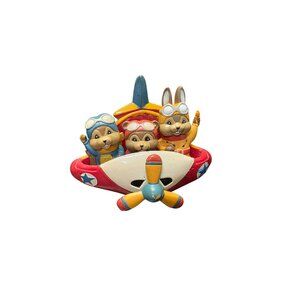 Vintage 3D Chipmunk, Bear & Bunny Flying an Airplane Refrigerator Magnet.